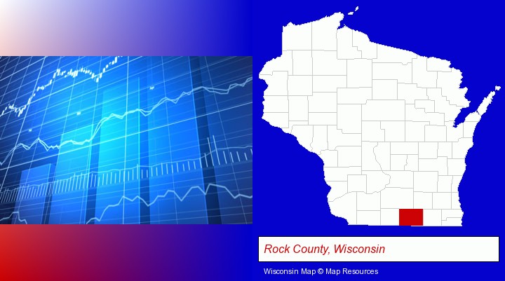 a financial chart; Rock County, Wisconsin highlighted in red on a map