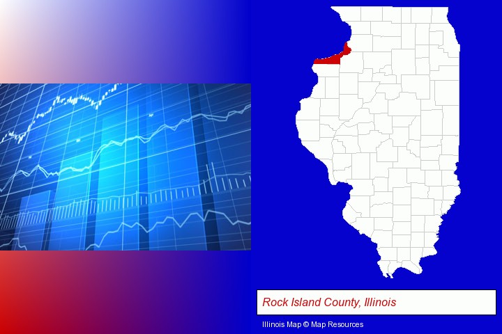 a financial chart; Rock Island County, Illinois highlighted in red on a map