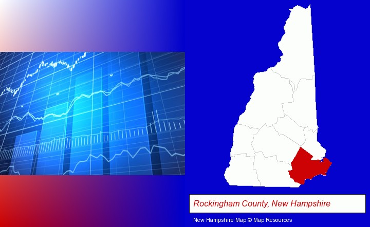 a financial chart; Rockingham County, New Hampshire highlighted in red on a map