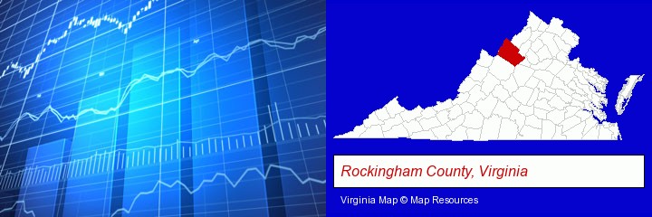 a financial chart; Rockingham County, Virginia highlighted in red on a map
