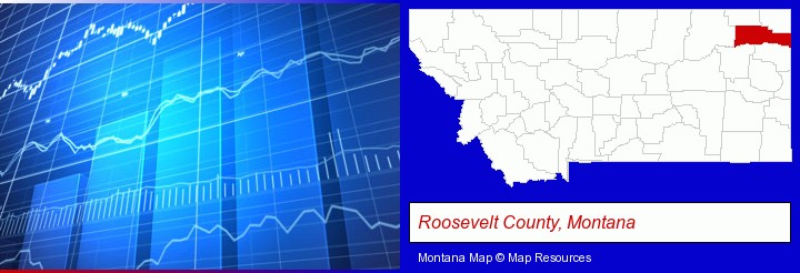 a financial chart; Roosevelt County, Montana highlighted in red on a map