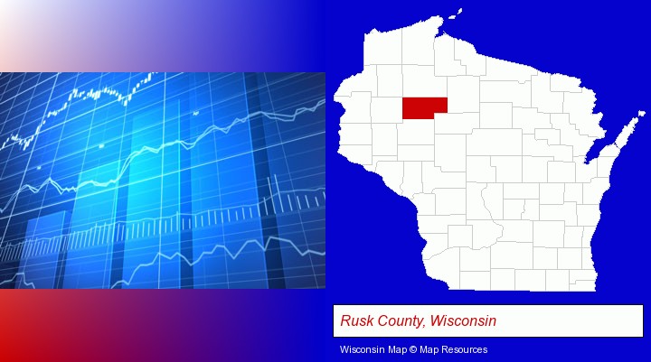 a financial chart; Rusk County, Wisconsin highlighted in red on a map