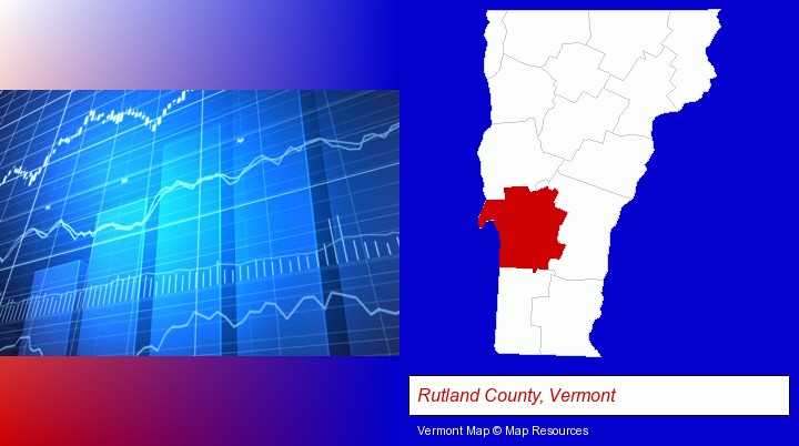 a financial chart; Rutland County, Vermont highlighted in red on a map