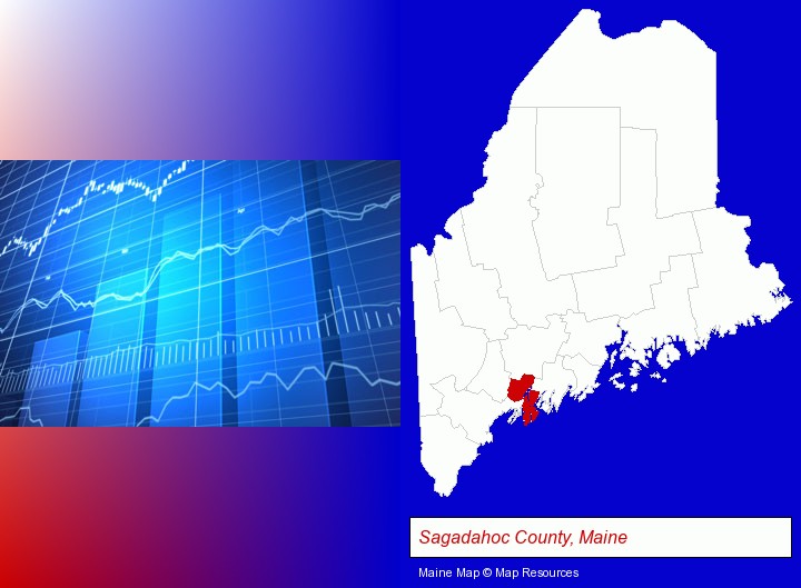 a financial chart; Sagadahoc County, Maine highlighted in red on a map