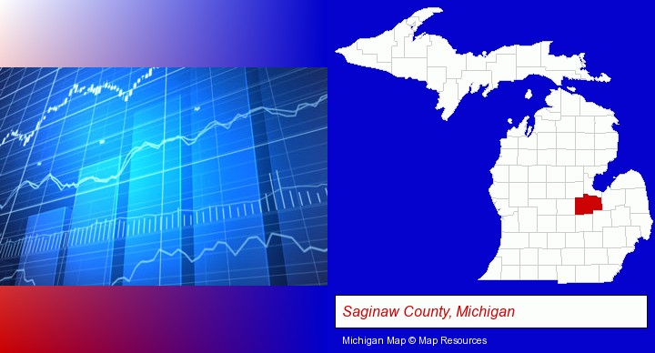 a financial chart; Saginaw County, Michigan highlighted in red on a map