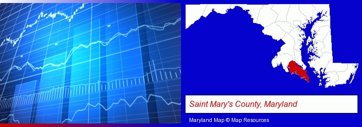 a financial chart; Saint Mary's County, Maryland highlighted in red on a map