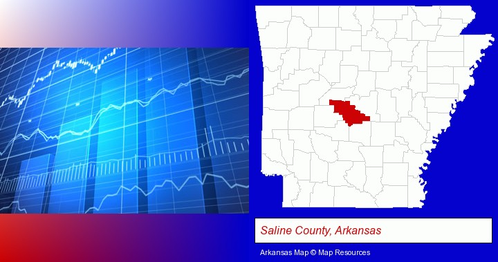 a financial chart; Saline County, Arkansas highlighted in red on a map