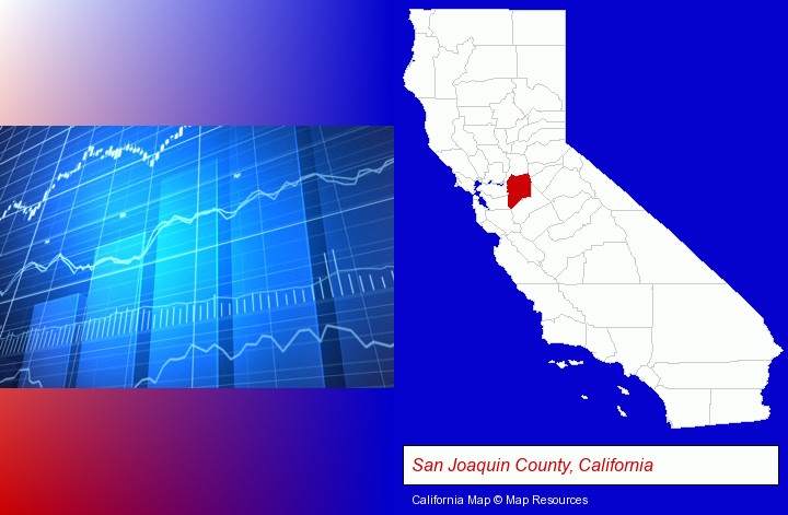 a financial chart; San Joaquin County, California highlighted in red on a map