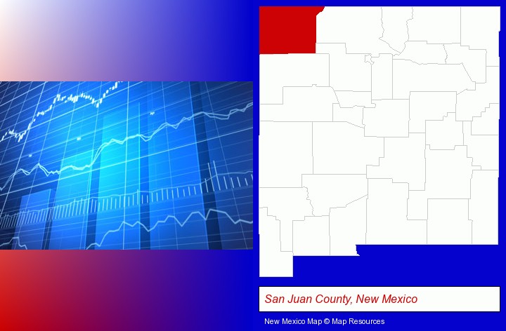 a financial chart; San Juan County, New Mexico highlighted in red on a map