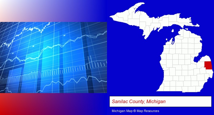 a financial chart; Sanilac County, Michigan highlighted in red on a map