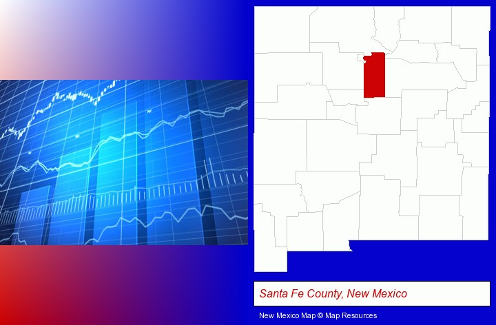 a financial chart; Santa Fe County, New Mexico highlighted in red on a map