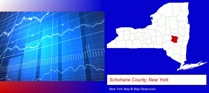 a financial chart; Schoharie County, New York highlighted in red on a map