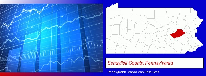 a financial chart; Schuylkill County, Pennsylvania highlighted in red on a map