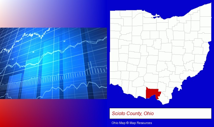 a financial chart; Scioto County, Ohio highlighted in red on a map