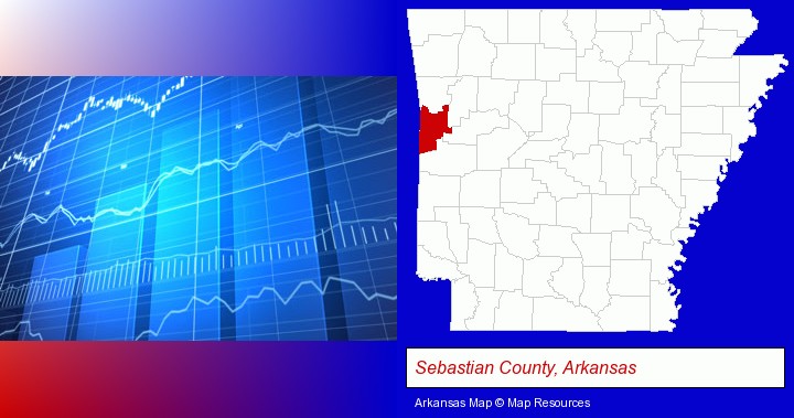 a financial chart; Sebastian County, Arkansas highlighted in red on a map