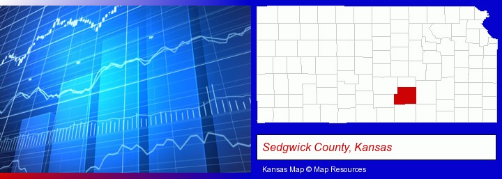 a financial chart; Sedgwick County, Kansas highlighted in red on a map