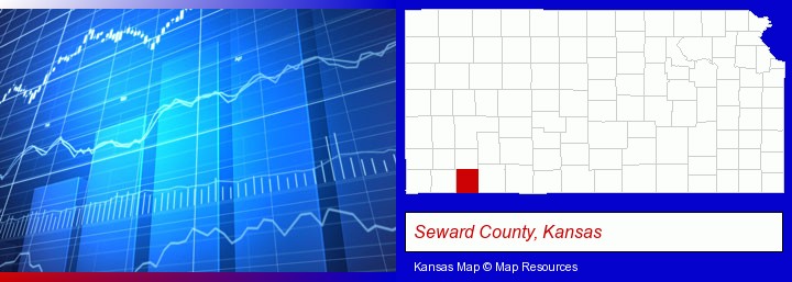 a financial chart; Seward County, Kansas highlighted in red on a map