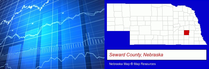 a financial chart; Seward County, Nebraska highlighted in red on a map
