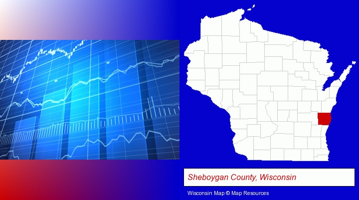 a financial chart; Sheboygan County, Wisconsin highlighted in red on a map