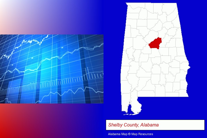a financial chart; Shelby County, Alabama highlighted in red on a map
