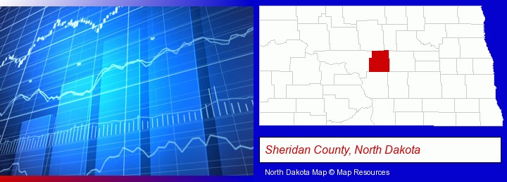 a financial chart; Sheridan County, North Dakota highlighted in red on a map