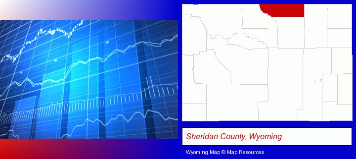 a financial chart; Sheridan County, Wyoming highlighted in red on a map