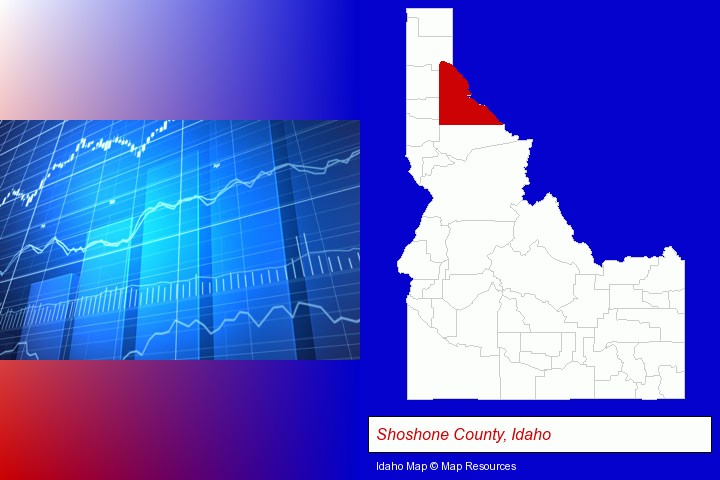 a financial chart; Shoshone County, Idaho highlighted in red on a map