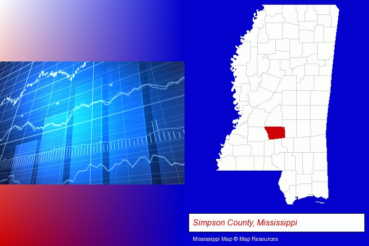 a financial chart; Simpson County, Mississippi highlighted in red on a map