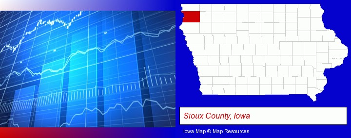 a financial chart; Sioux County, Iowa highlighted in red on a map