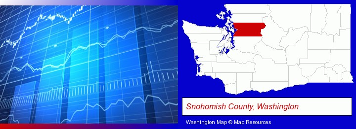 a financial chart; Snohomish County, Washington highlighted in red on a map