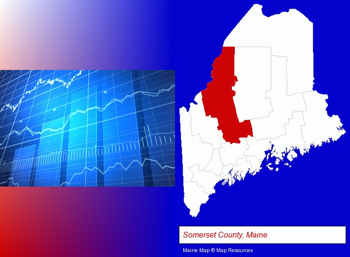 a financial chart; Somerset County, Maine highlighted in red on a map