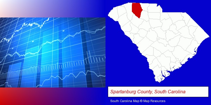 a financial chart; Spartanburg County, South Carolina highlighted in red on a map