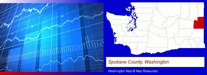 a financial chart; Spokane County, Washington highlighted in red on a map