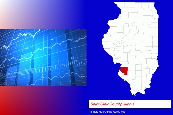 a financial chart; Saint Clair County, Illinois highlighted in red on a map