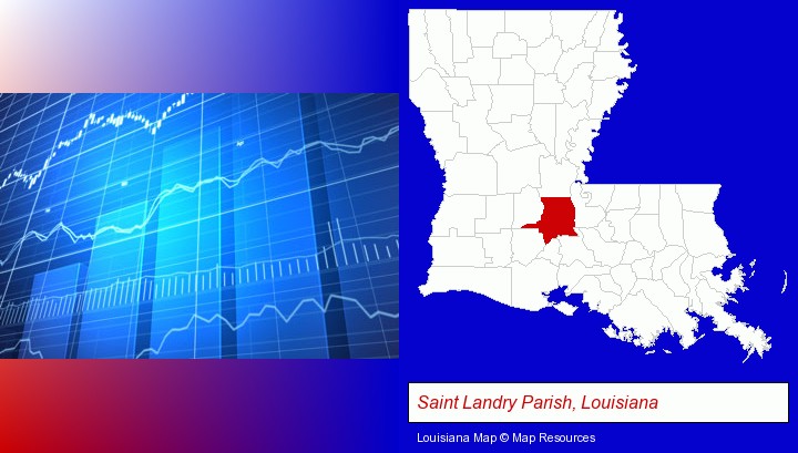 a financial chart; Saint Landry Parish, Louisiana highlighted in red on a map