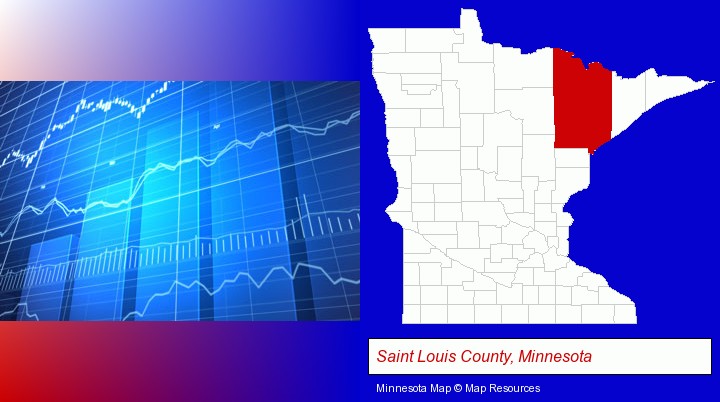 a financial chart; Saint Louis County, Minnesota highlighted in red on a map