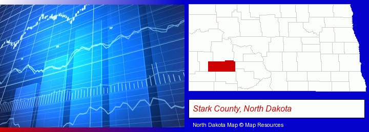 a financial chart; Stark County, North Dakota highlighted in red on a map