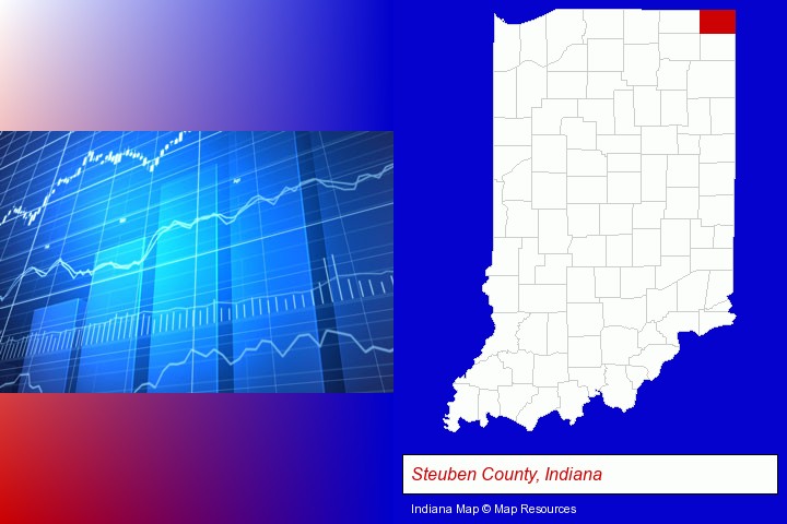 a financial chart; Steuben County, Indiana highlighted in red on a map