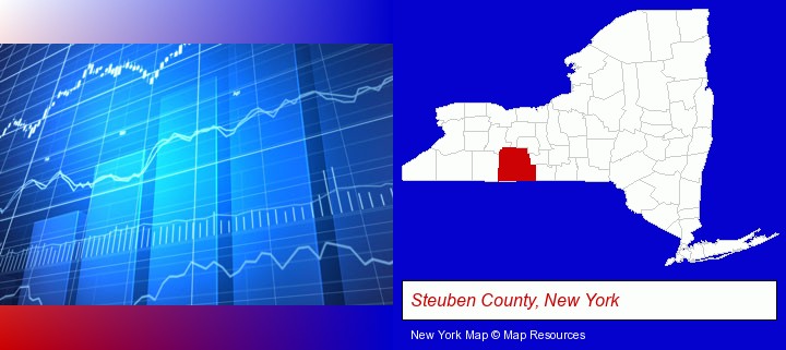 a financial chart; Steuben County, New York highlighted in red on a map