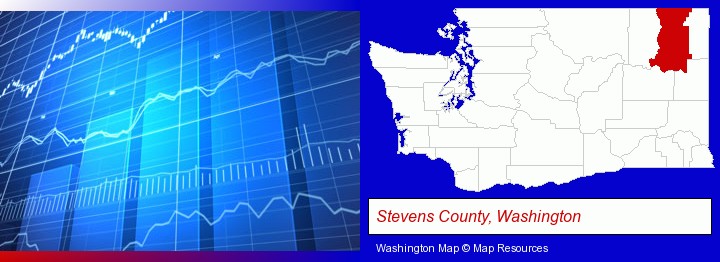a financial chart; Stevens County, Washington highlighted in red on a map