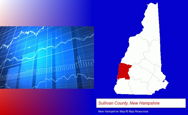 a financial chart; Sullivan County, New Hampshire highlighted in red on a map