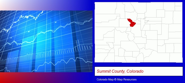 a financial chart; Summit County, Colorado highlighted in red on a map