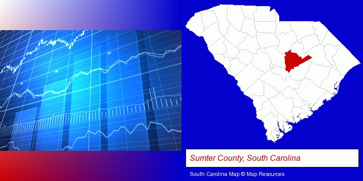 a financial chart; Sumter County, South Carolina highlighted in red on a map