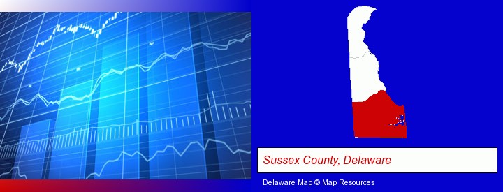 a financial chart; Sussex County, Delaware highlighted in red on a map