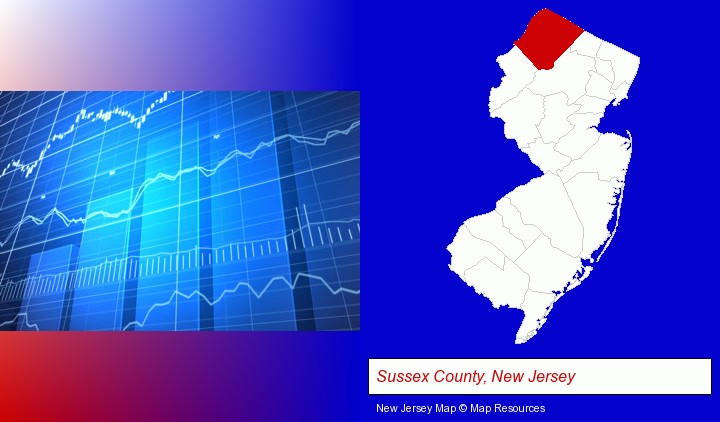a financial chart; Sussex County, New Jersey highlighted in red on a map