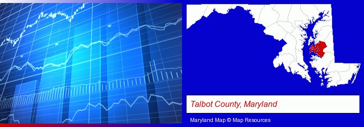 a financial chart; Talbot County, Maryland highlighted in red on a map