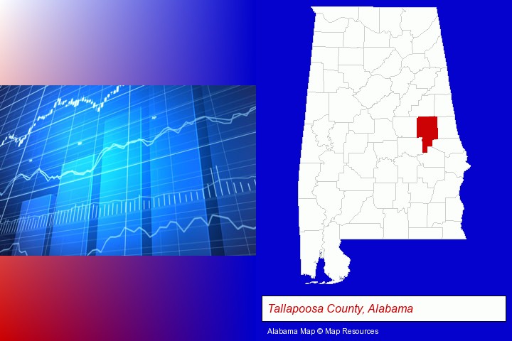 a financial chart; Tallapoosa County, Alabama highlighted in red on a map