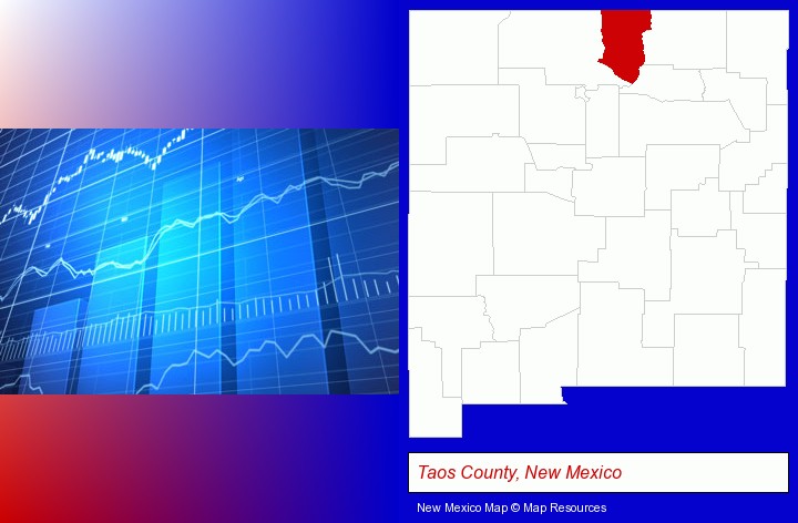 a financial chart; Taos County, New Mexico highlighted in red on a map
