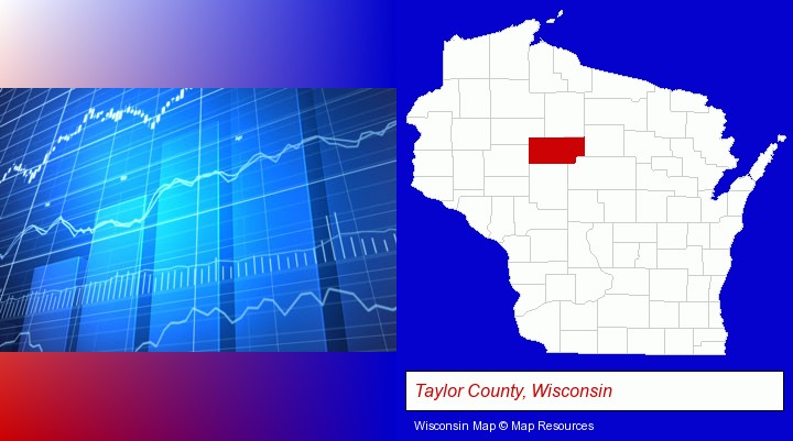 a financial chart; Taylor County, Wisconsin highlighted in red on a map