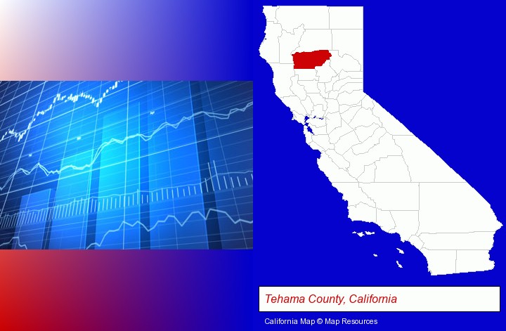 a financial chart; Tehama County, California highlighted in red on a map